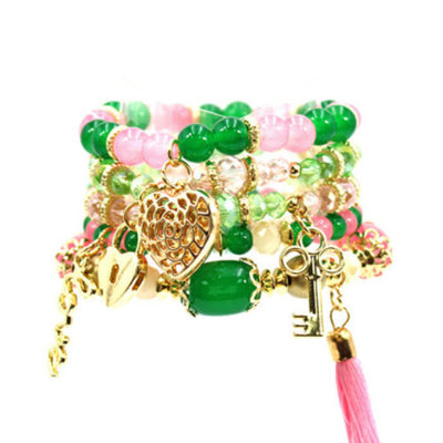 Womens Fashion Pink and Green Metal Finish Glass Beads Multi Strand Stretch Bracelet