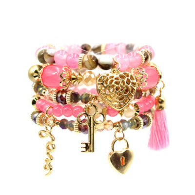 Womens Fashion Pink and Gold Multi Piece Glass Beads Bracelet Set, Valentines Gift