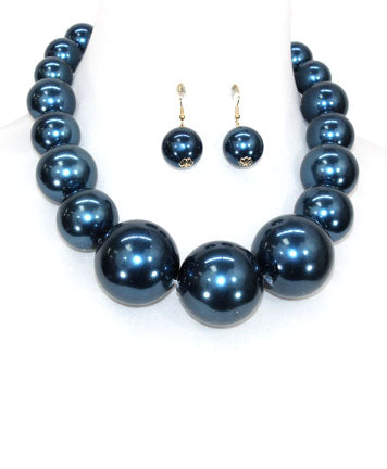 Fashion Womens Blue Plastic Pearl 30 MM Strand Necklace Set Statement Necklace