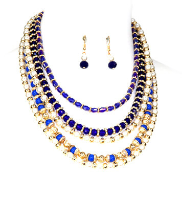 Womens Fashion Blue Glass Beads and Pearl Multiple Strand Necklace