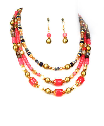 Pink Gold Plated Metal Beads Stretch Necklace Set
