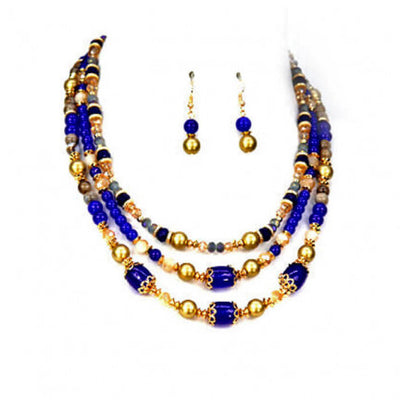 Womens Fashion Blue and Gold Glass Beads and Pearl Multiple Strand Necklace