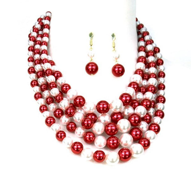 Womens Fashion Pearl Red and White Plastic Pearl Necklace Set