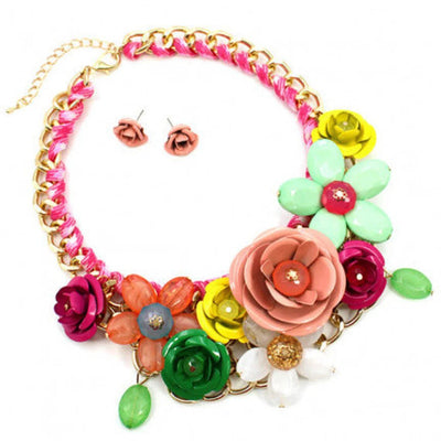 Womens Fashion Flower Pink and Gold Metal Finish Flower Statement Necklace Set