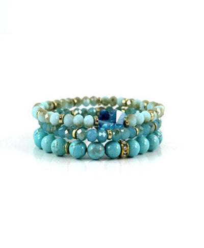 Turquoise Color Glass Beads Semi Precious Stone Multiple Stretch Bracelet - Beads Selavie