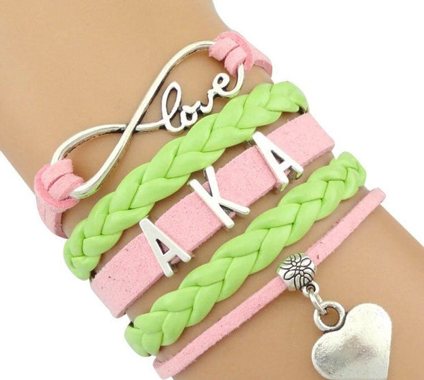Pink and Green Pearl Alpha Kappa Alpha Inspired Love and Heart Bracelet - Beads Selavie