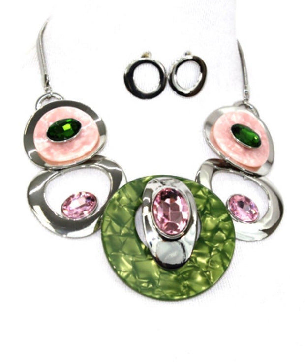 Alpha Kappa Alpha Green & Pink Silver Plated Circle Pattern Marble Necklace Set - Beads Selavie