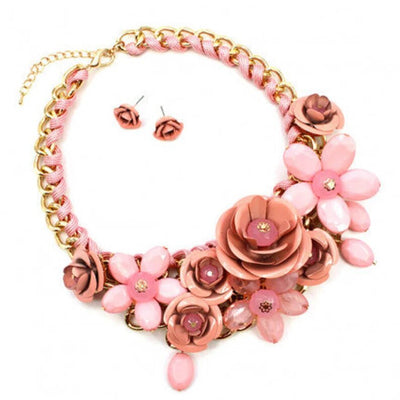 Womens Fashion Flower Solid Pink and Gold Metal Finish Flower Statement Necklace Set