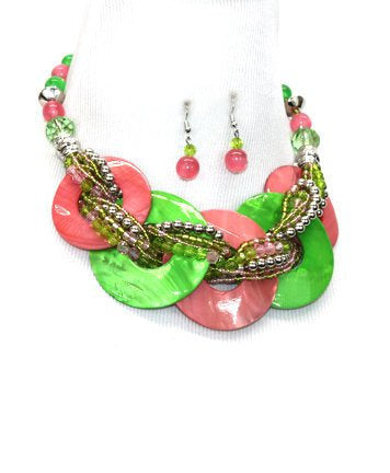 Alpha Kappa Alpha Green & Pink Multi Twisted Beads Shell Disk Pendant Necklace Set - Beads Selavie