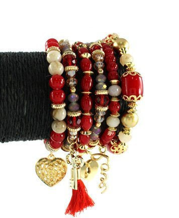 Gold Plated Metal Finish Matt Red Beads Multi Strand Stretch Bracelet - Beads Selavie