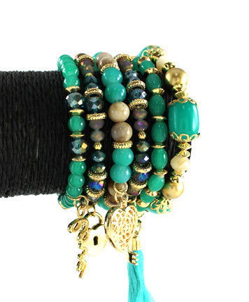 Turquoise Gold Plated Metal Finish Matt Turquoise Beads Multi Strand Stretch Bracelet - Beads Selavie