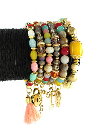 Gold Plated Metal Finish Matt Pink Beads Multi Strand Stretch Bracelet - Beads Selavie