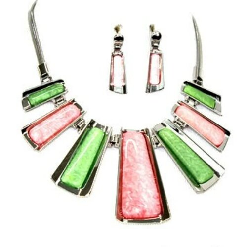Women Fashion Pink and Green Marble Silver Plated Necklace, Gift for Her