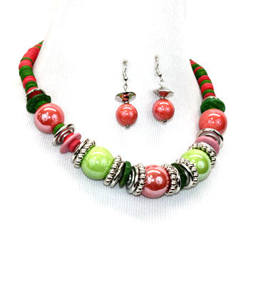 Womens Fashion Pink and Green Coco Wooden Beads with Ceramic Ball Necklace Set