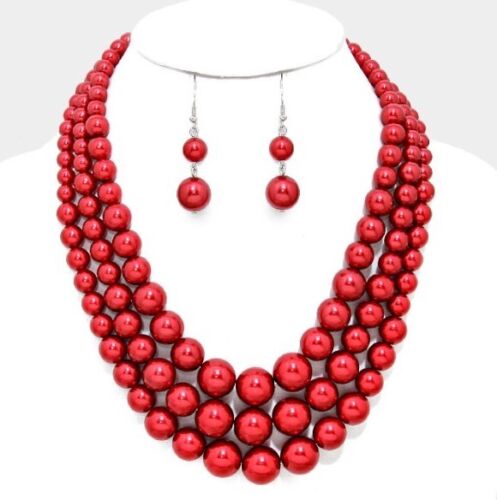 Womens Fashion Red Plastic Multi Strand Pearl Necklace Set, Gift for Her