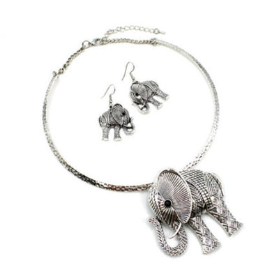 Womens Fashion Vintage Silver Plated Elephant Choker Necklace Set, Gift for Her